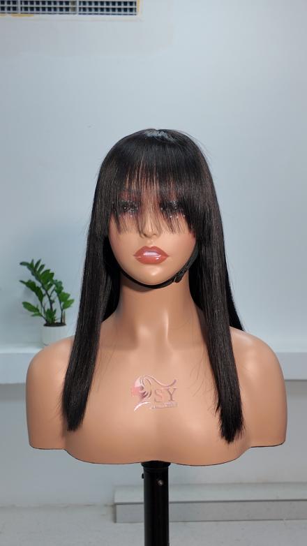 Front view of Worry Freeshop 14 inch natural black straight human hair wig with bangs