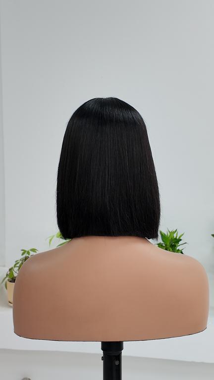 Back view of Worry Freeshop 1x3 lace natural black straight bob human hair wig