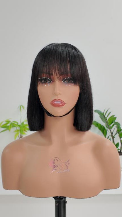 Front view of Worry Freeshop 8-10 inch straight bob human hair wig with bangs
