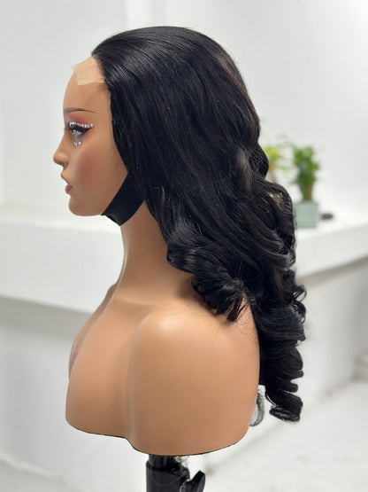 Side view of 22 inch natural black retro curl wig by Worry Freeshop