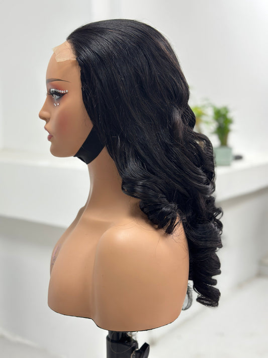 Side view of 22 inch natural black retro curl wig by Worry Freeshop