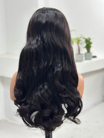 Back view of Worry Freeshop 24 inch natural black loose wave human hair wig