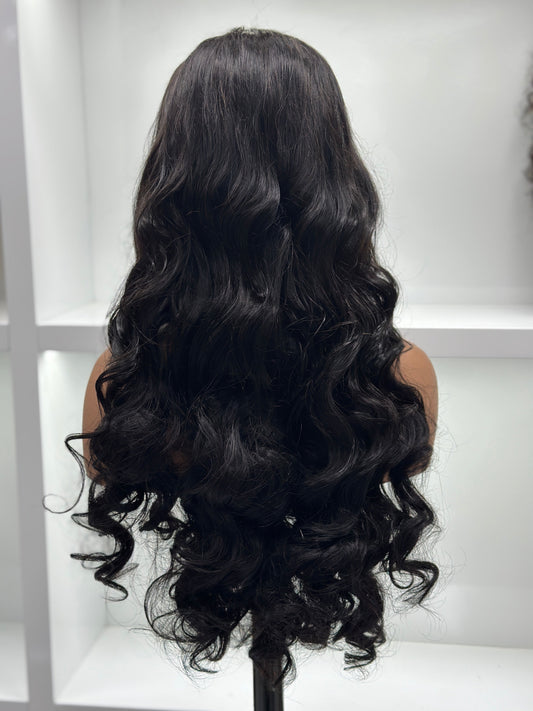 Back view of Worry Freeshop 28 inch natural black loose wave human hair wig