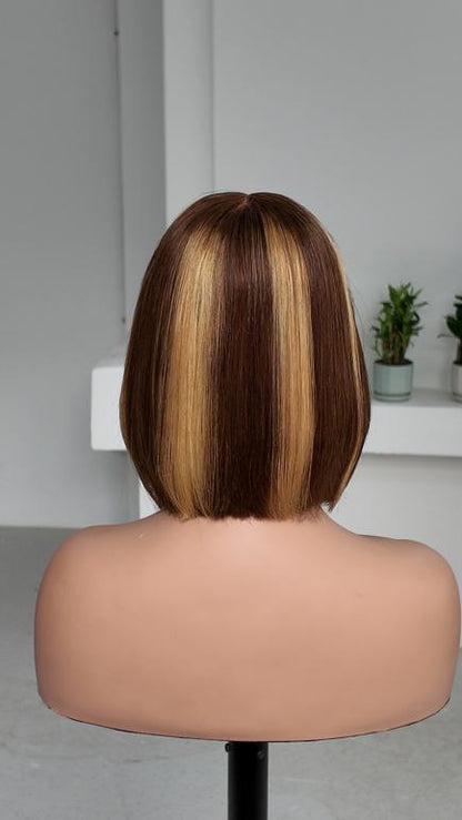 Back view of Worry Freeshop 8 inch brown bob with blonde highlight streaks human hair wig