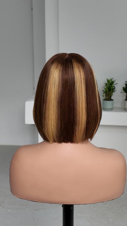 Back view of Worry Freeshop 8 inch brown bob with blonde highlight streaks human hair wig