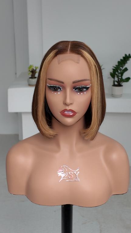 Front view of Worry Freeshop 8 inch brown bob with blonde highlight streaks 2x6 lace human hair wig