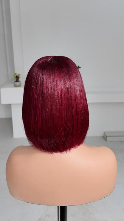 Back view of Worry Freeshop 8 inch burgundy red straight bob human hair wig