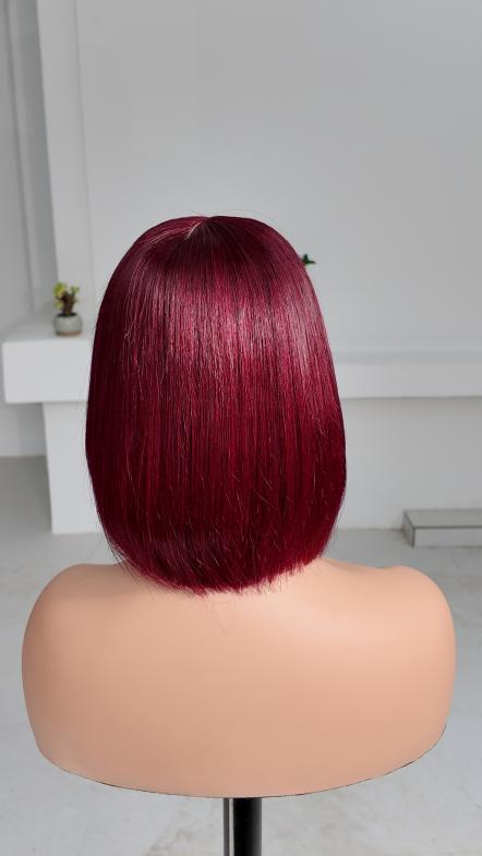 Back view of Worry Freeshop 8 inch burgundy red straight bob human hair wig