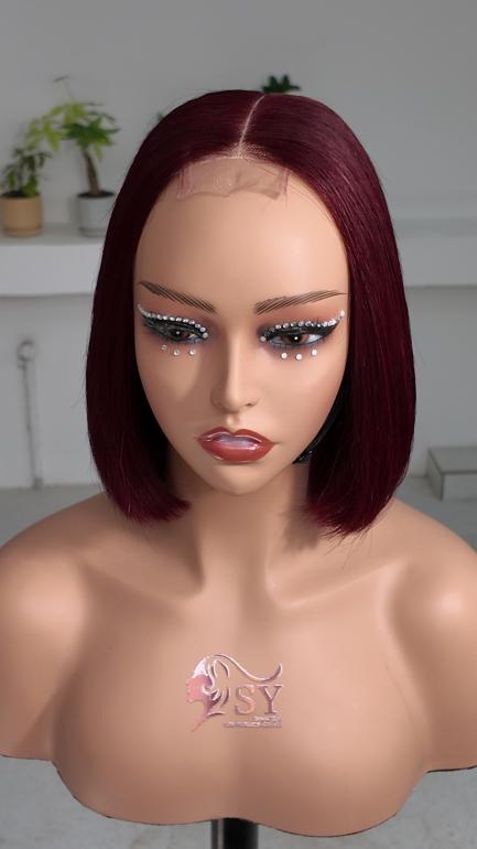 Front view of Worry Freeshop 8 inch burgundy red 2x6 lace human hair bob wig