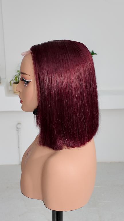 Side view of Worry Freeshop 8 inch burgundy red straight bob human hair wig