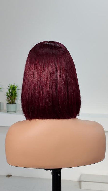 Back view of Worry Freeshop 8 inch burgundy red straight bob with bangs human hair wig