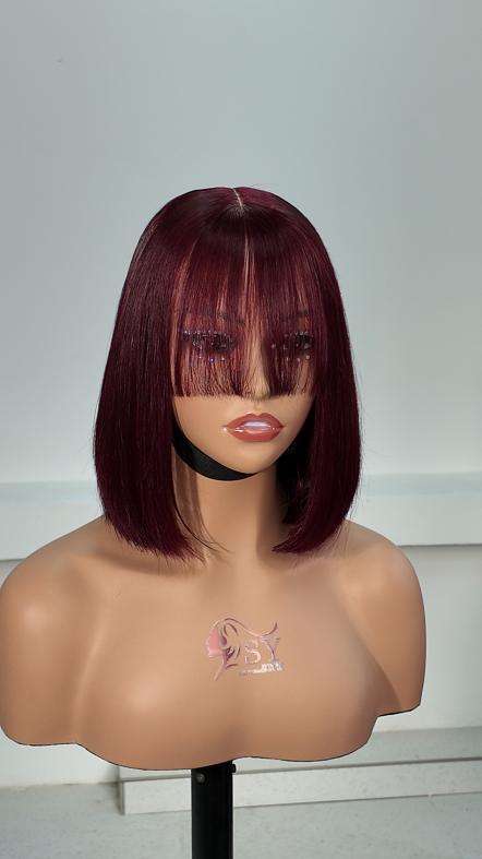 Front view of Worry Freeshop 8 inch burgundy red bob with bangs 2x6 lace human hair wig
