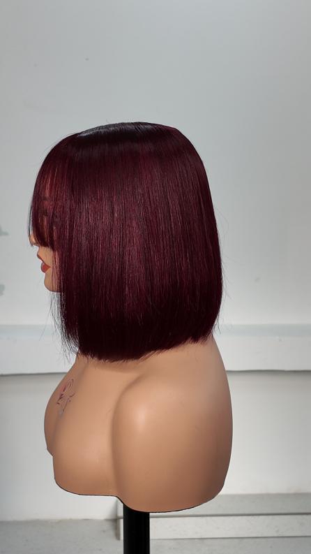 Side view of Worry Freeshop 8 inch burgundy red straight bob with bangs human hair wig