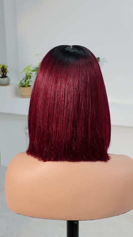 Back view of Worry Freeshop 8 inch dark root burgundy red bob with bangs human hair wig