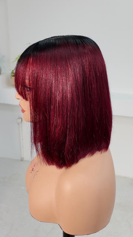 Side view of Worry Freeshop 8 inch dark root burgundy red bob with bangs human hair wig