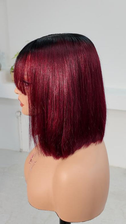 Side view of Worry Freeshop 8 inch dark root burgundy red bob with bangs human hair wig