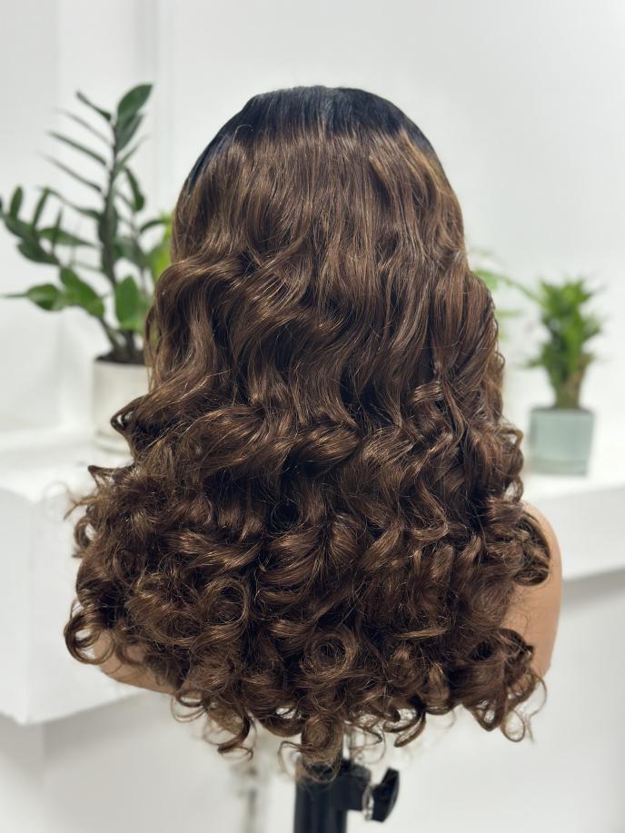 Worry Freeshop black brown highlight loose body wave human hair wig back view