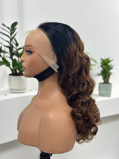 Worry Freeshop black brown highlight body wave lace front human hair wig side view