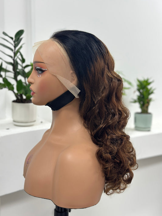 Worry Freeshop black brown highlight body wave lace front human hair wig side view