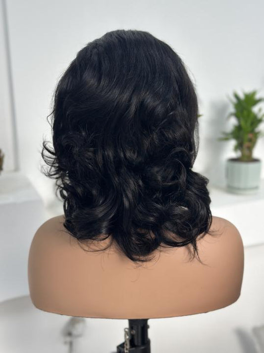 Worry Freeshop bouncy curly 13x4 lace front human hair wig back view natural black