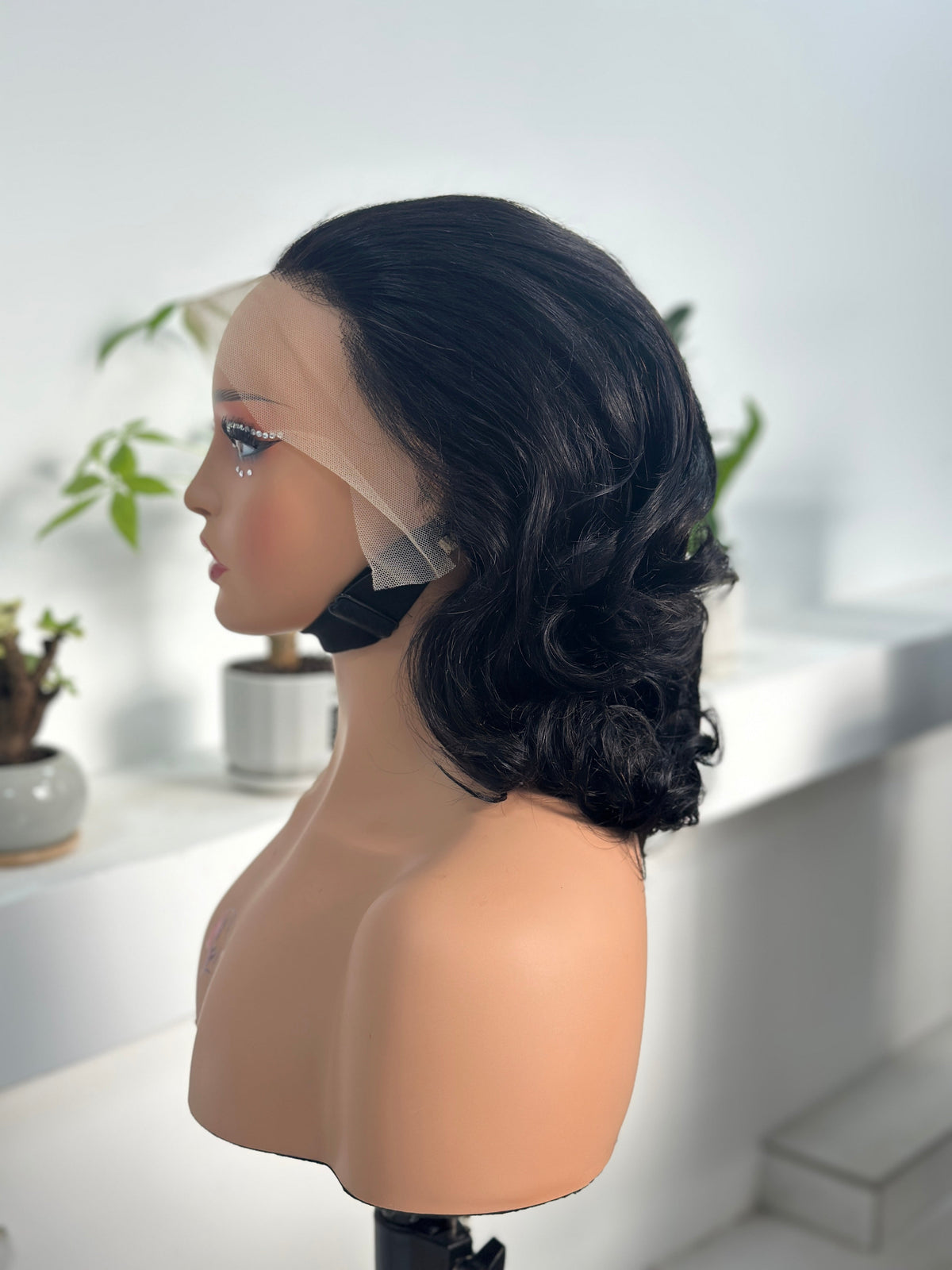 Worry Freeshop bouncy curly 13x4 lace front human hair wig side view natural black