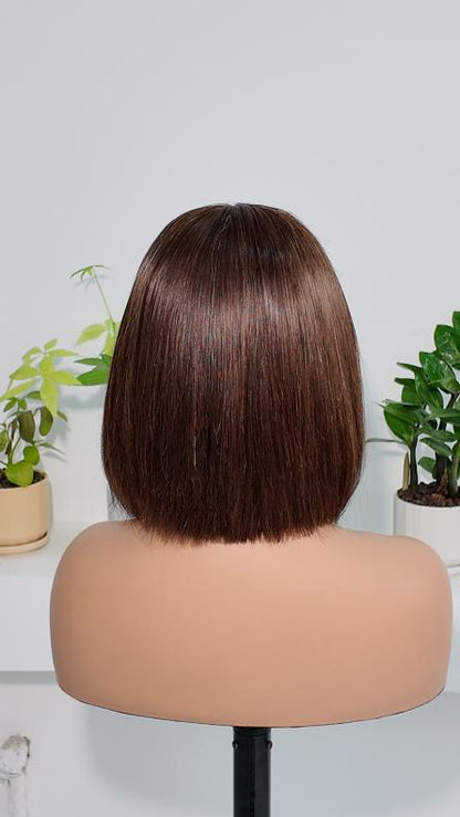 Back view of Worry Freeshop brown 13x4 lace straight bob human hair wig