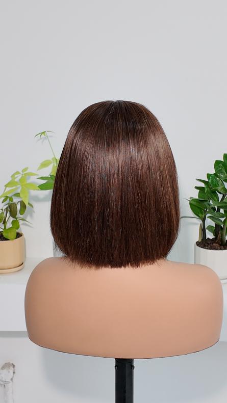 Back view of Worry Freeshop brown 13x4 lace straight bob human hair wig