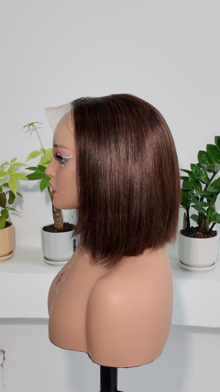 Side view of Worry Freeshop brown 13x4 lace straight bob human hair wig
