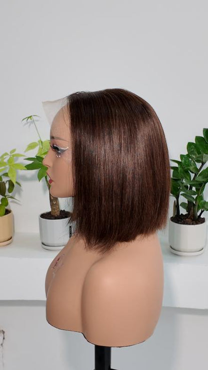 Side view of Worry Freeshop brown 13x4 lace straight bob human hair wig
