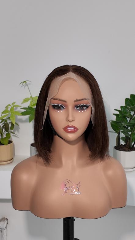 Front view of Worry Freeshop brown 8 inch 13x4 lace straight bob human hair wig