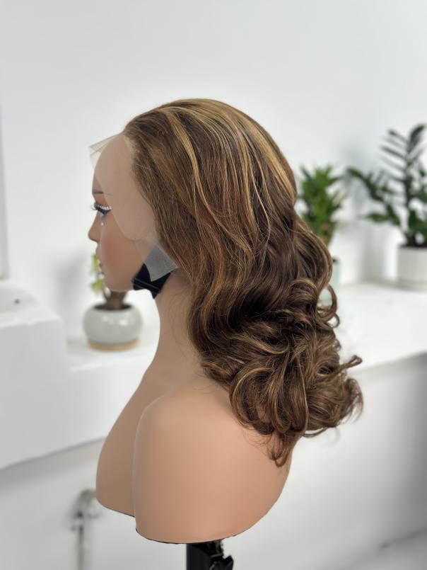 Worry Freeshop brown highlight bouncy curly human hair wig side view