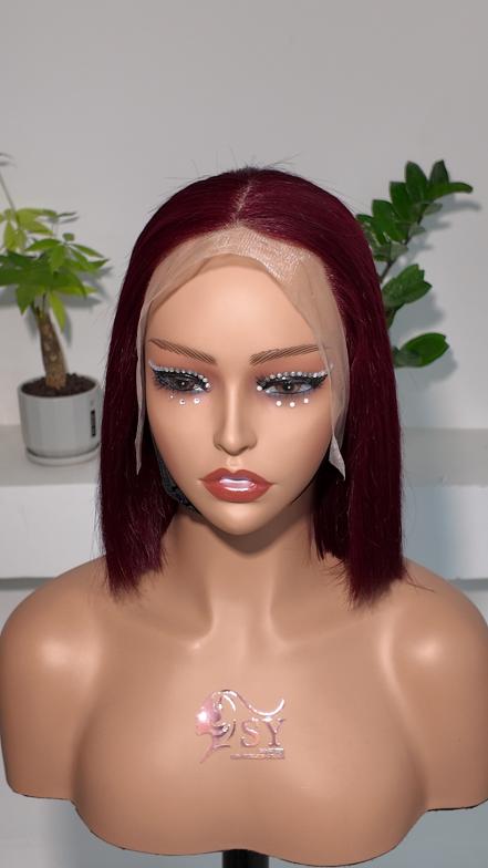 Front view of Worry Freeshop burgundy 13x4 lace straight bob human hair wig