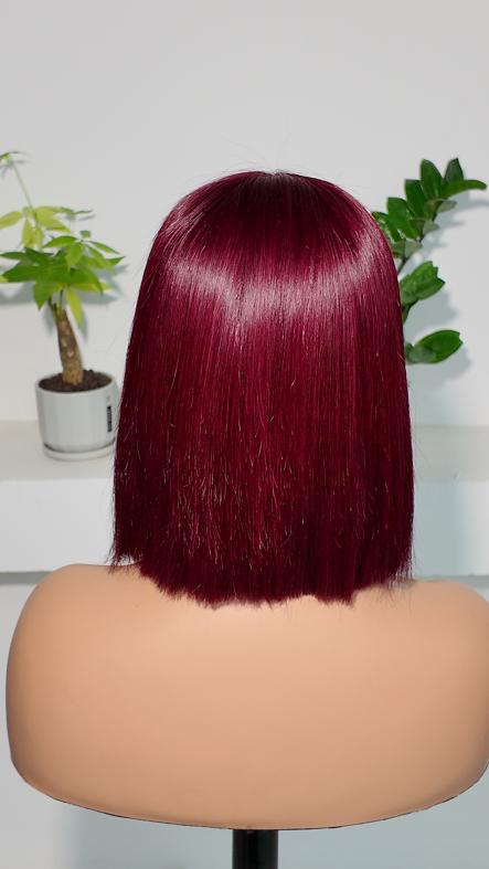 Back view of Worry Freeshop burgundy 13x4 lace straight bob human hair wig