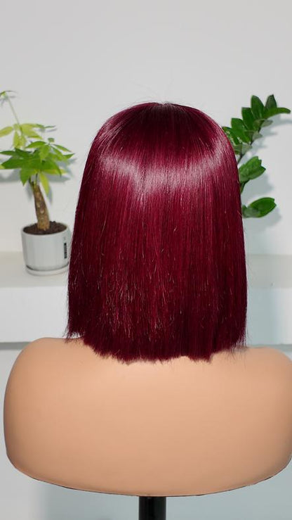 Back view of Worry Freeshop burgundy 13x4 lace straight bob human hair wig