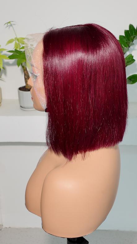 Side view of Worry Freeshop burgundy 13x4 lace straight bob human hair wig