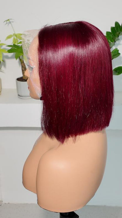 Side view of Worry Freeshop burgundy 13x4 lace straight bob human hair wig