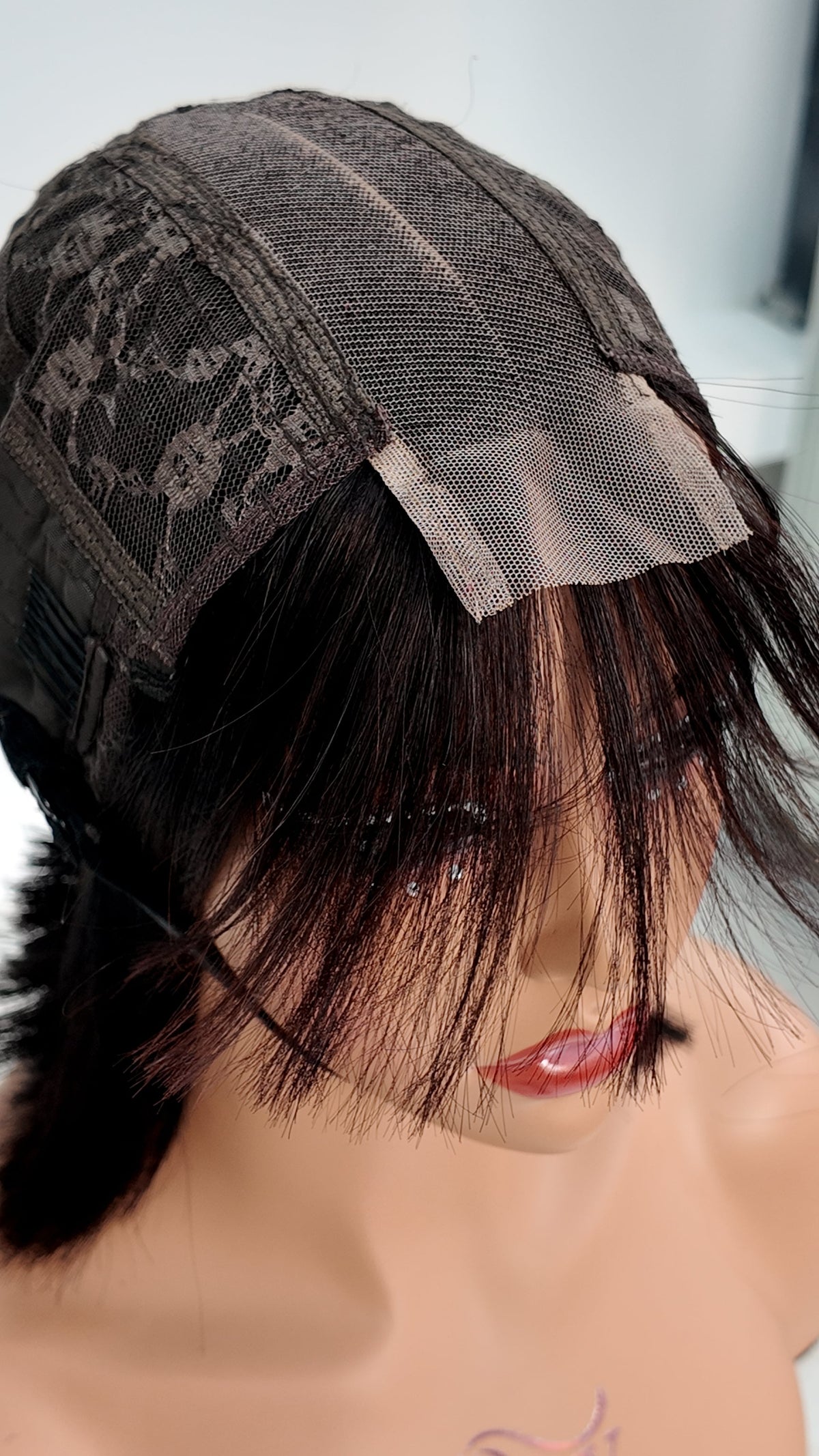 2x6 lace closure cap construction of Worry Freeshop burgundy red bob with bangs human hair wig