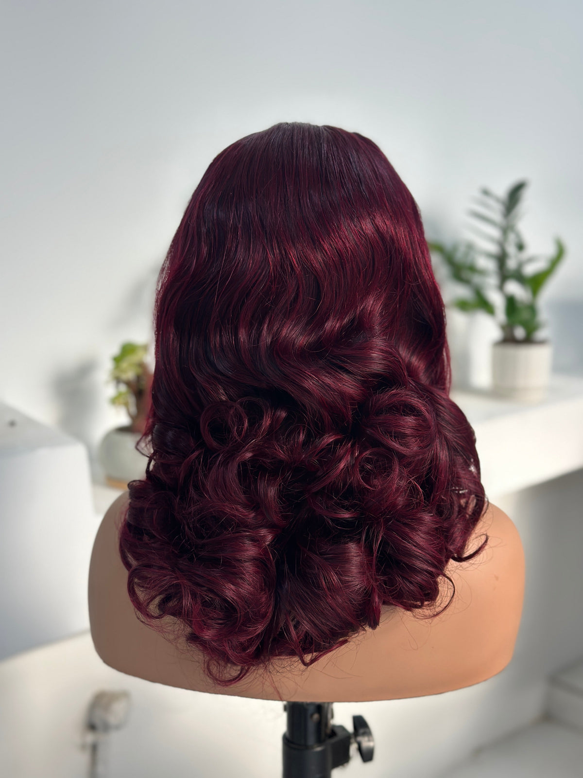 Worry Freeshop burgundy red bouncy curly human hair wig back view