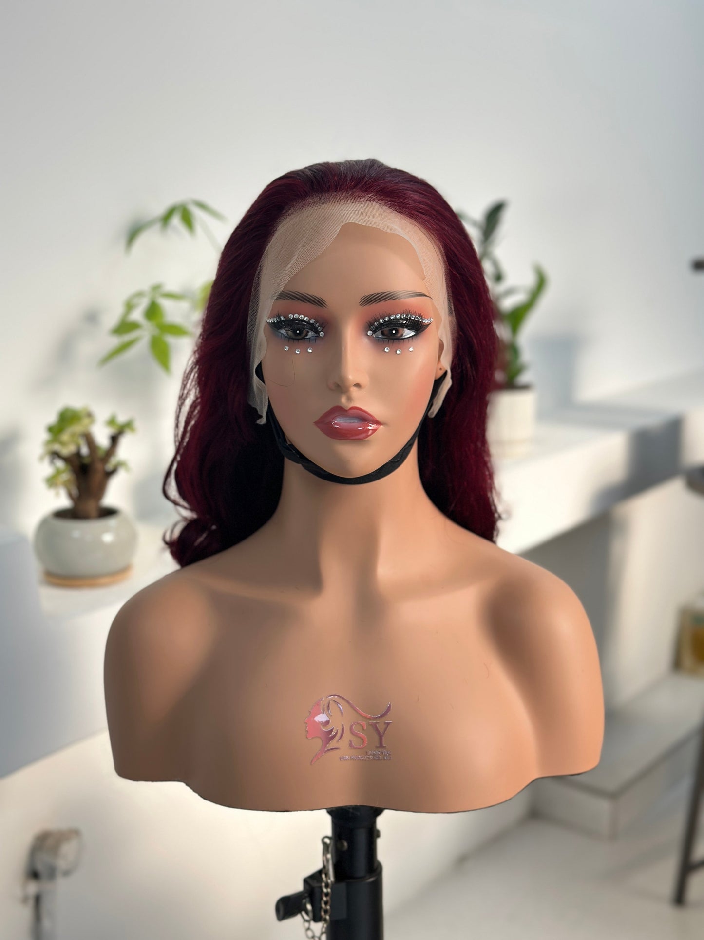 Worry Freeshop burgundy red curly 13x4 lace front human hair wig front view