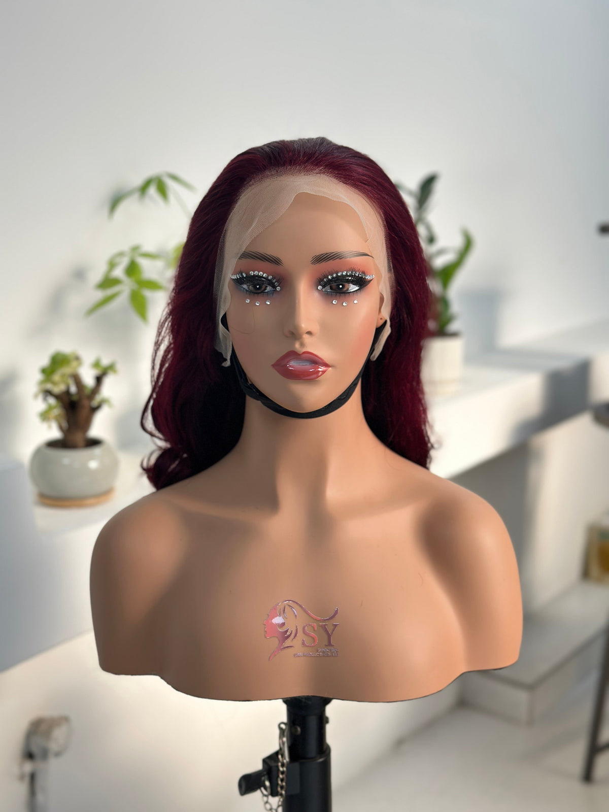 Worry Freeshop burgundy red curly 13x4 lace front human hair wig front view