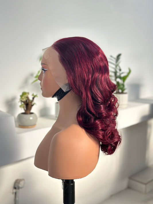 Worry Freeshop burgundy curly lace front wig side view