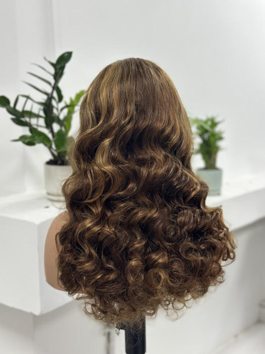 Worry Freeshop caramel brown highlight bouncy curly human hair wig back view