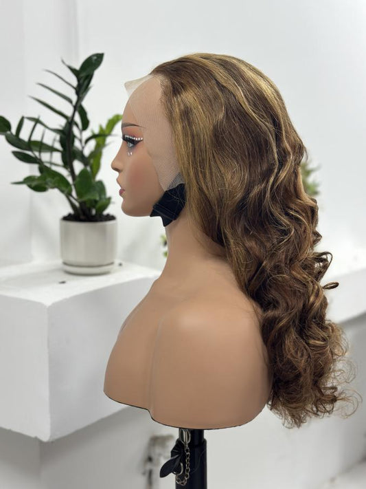 Worry Freeshop caramel brown highlight bouncy curly lace front wig side view