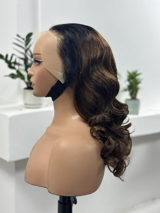 Worry Freeshop chestnut brown highlight body wave lace front wig side view
