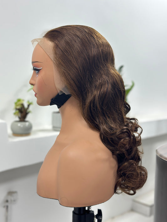 Worry Freeshop chocolate brown body wave lace front human hair wig side view