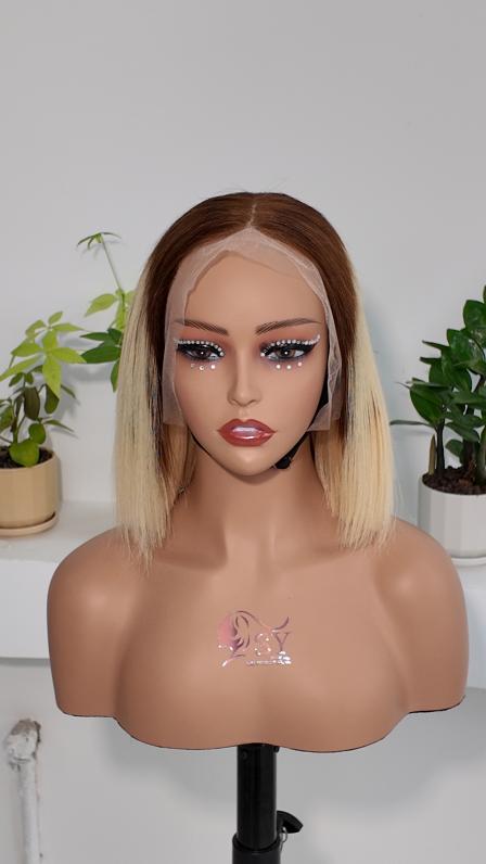 Front view of Worry Freeshop 8 inch dark root blonde 13x4 lace bob human hair wig
