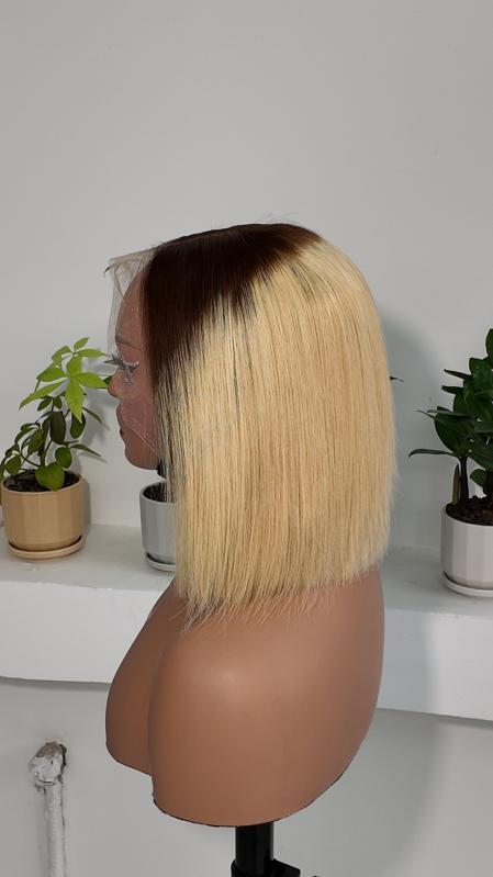 Side view of Worry Freeshop 8 inch dark root blonde 13x4 lace bob human hair wig