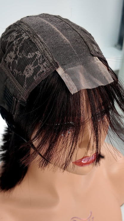 2x6 lace closure cap construction of Worry Freeshop dark root blonde bob human hair wig with bangs