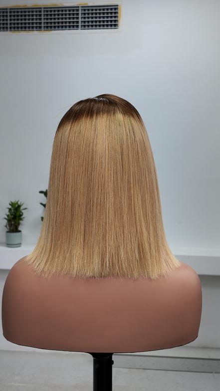 Worry Freeshop 10 inch dark root blonde 5x5 lace straight bob human hair wig back view