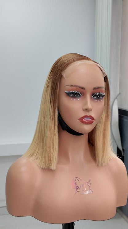 Worry Freeshop 10 inch dark root blonde 5x5 lace straight bob human hair wig front view
